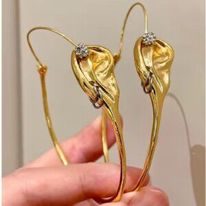Schiaparelli Style Surrealist Ear Hoop Earrings Gold Tone Statement Dangle - NEW